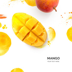 Creative layout made of mango on the watercolor background. Flat lay. Food concept.