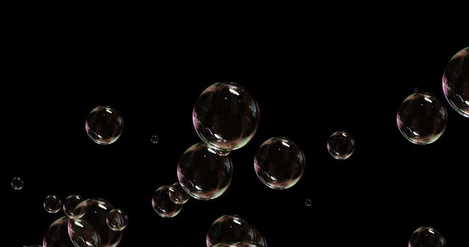 soap bubbles isolated on black background, seamless loop 4k 3d render