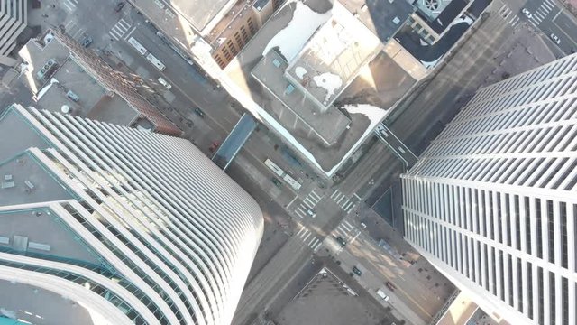 Bird's eye view of downtown Minneapolis, traffic, street