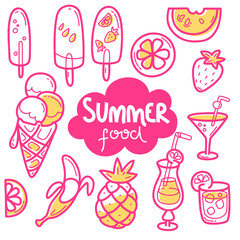 Kawaii cute collection of summer sweet food, ice-cream, fruits and coctails. 