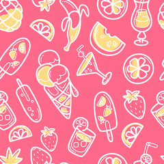 Kawaii cute seamless pattern with summer sweet food, ice-cream, fruits and coctails.