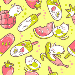 Materiał do szycia Kawaii cute seamless pattern with summer sweet food, ice-cream, fruits and funny characters jumping between desserts.