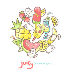 Fototapeta premium Kawaii cute round illustration with summer sweet food, ice-cream, fruits and coctails and funny characters jumping between desserts.