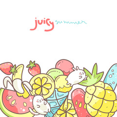 Kawaii cute background with summer sweet food, ice-cream, fruits and funny characters jumping between desserts