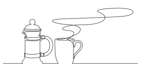 continuous line drawing of hot fresh aroma cup of coffee and french press