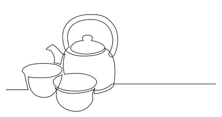 continuous line drawing of kettle and two tea cups