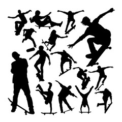 Skater playing skateboard silhouettes. Good use for symbol, logo, web icon, mascot, sign, or any design you want.