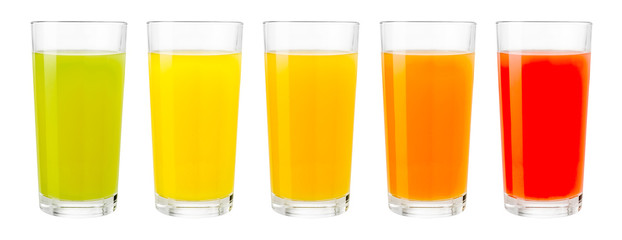 Various color fruit juices in glasses isolated
