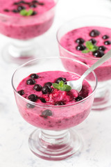 Homemade yogurt with black currants. Summer healthy dessert in glass bowls