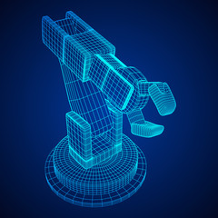 Robotic arm manufacture technology industry assembly mechanic hand wireframe low poly mesh vector illustration