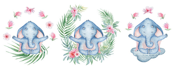 Fototapeta na wymiar Watercolor yoga elephant in lotus position with flowers on the cloud cute hand drawn illustration