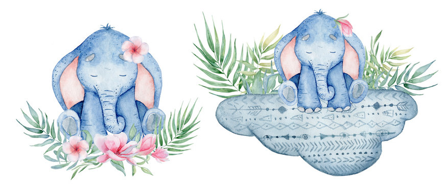Watercolor cute elephants set animal illustration
