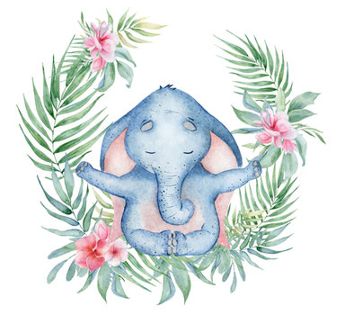 Watercolor yoga elephant in lotus position with flowers cute hand drawn illustration © EvgeniiasArt