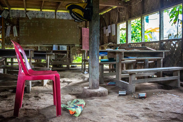Fototapeta na wymiar A primitive one room school in a tribal village on the island of Bougainville, Papua New Guinea