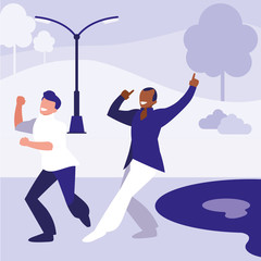 interracial dancers couple in the park