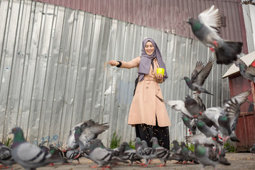 young happy Muslim woman in hijab feeds pigeons