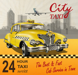 Taxi card with  retro yellow taxi.