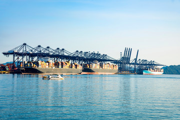 Fototapeta premium Industrial port container crane with a cruise ship