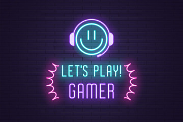 Neon composition of headline Lets Play Gamer. Art - Powered by Adobe