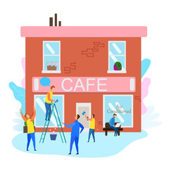 People Prepare Cafe Building for Grand Opening