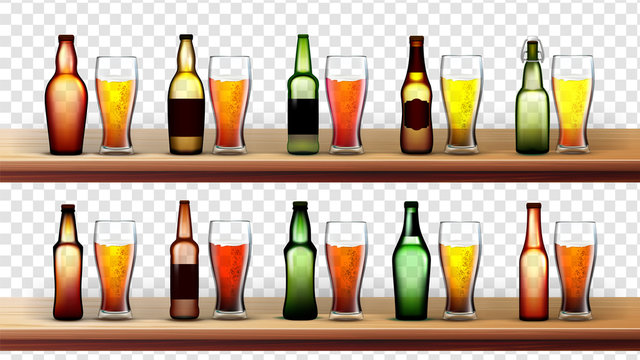 Different Bottles And Glasses With Beer Set Vector. Mockup With Blank Sticker. Light And Dark Lager Foamy Beer On Wooden Shelves. Image Isolated On Transparency Grid Background. 3d Illustration