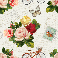 Seamless vintage background with flowers and butterflies.	