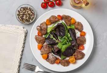 Chicken liver salad. The view from the top. Copy-space.