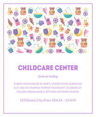 Fototapeta premium Childcare Center Banner Template with Cute Baby Toys and Place for Text, Design Element Can Be Used for Landing Page, Mobile App, Flyer, Gift Card Vector Illustration