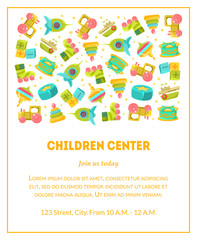 Children Center Banner Template with Cute Baby Toys and Place for Text, Design Element Can Be Used for Landing Page, Mobile App, Flyer, Gift Card Vector Illustration