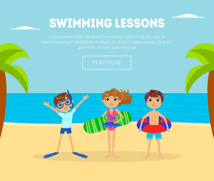 Swimming Lessons Banner Template with Cute Kids on Tropical Beach Background, Design Element Can Be Used for Landing Page, Mobile App Vector Illustration