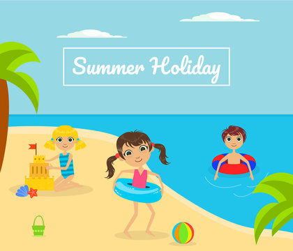 Summer Holliday Banner Template with Cute Kids Playing on Tropical Beach Vector Illustration