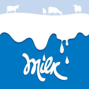 Background for dairy and milk product / Vector illustrations with drops and splashes, abstract cows in field.