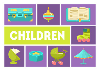 Children Banner Template, Kids Toys and Accessories Design Elements Vector Illustration