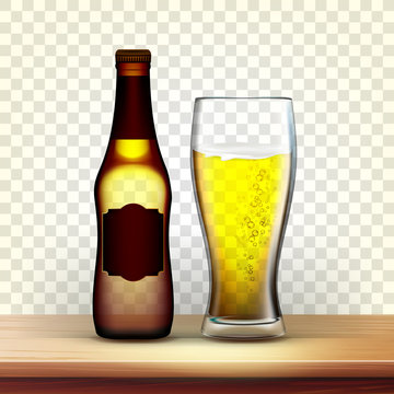 Realistic Brown Bottle And Glass Of Lager Vector. Mockup Template Closed Empty Flask With Blank Label And Cold Frothy Beer In Goblet. Image Isolated On Transparency Grid Background. 3d Illustration