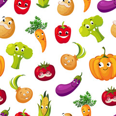 Cute Funny Vegetables Seamless Pattern, Potato, Broccoli, Tomato, Eggplant, Pumpkin, Corn, Carrot Characters with Funny Faces Vector Illustration