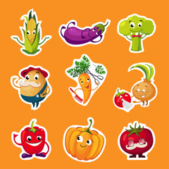 Collection of Fruits and Vegetables Stickers, Potato, Broccoli, Tomato, Eggplant, Pumpkin, Corn, Carrot Characters with Funny Faces Vector Illustration