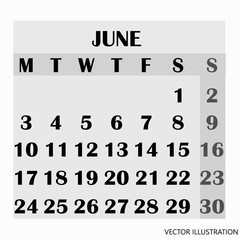 Calendar design month june 2019. Year 2019 calendar. Simple design for calendar 2019. Calendar for organization and business. Week Starts Monday. Vector illustration