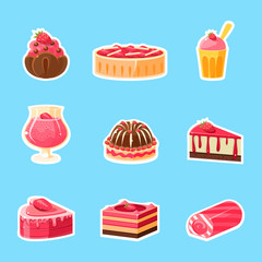Tasty Desserts Stickers, Cute Colorful Badges of Cake, Cupcake, Ice Cream, Roll, Pudding Vector Illustration