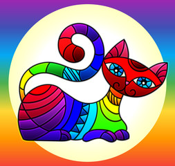 Illustration in stained glass style with bright rainbow cat in a circle  on a rainbow background
