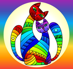 Obraz na płótnie Canvas Illustration in stained glass style with a pair of bright rainbow cats in a circle on a rainbow background