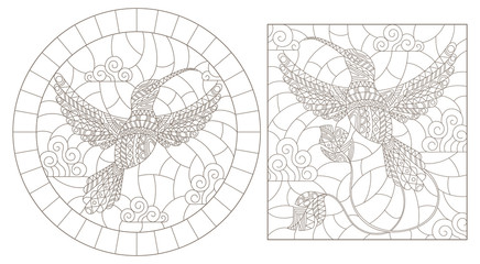 Set of contour illustrations of stained glass Windows with Hummingbird birds on sky and clouds background, dark outlines on white background