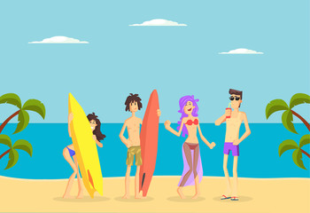 Obraz na płótnie Canvas Happy People Standing with Surfboards on Tropical Beach, Young Men and Girls on Summer Vacation, Beach Activities Vector Illustration
