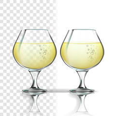 Realistic Glass With White Wine Riesling Vector. Mockup Natural Chardonnay, Aligote Or Muscat White Grape Wine In Wineglass Isolated On Transparency Grid Background. 3d Illustration