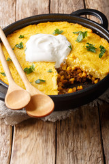 Tamale pie and casserole dish in the cuisine of the Southwestern United States. It is prepared with a cornmeal crust and meat ingredients on the pan. Vertical