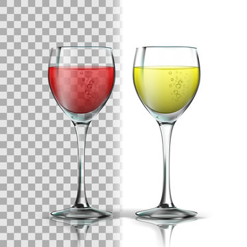 Realistic Glass With Red And White Wine Vector. Full Glasswine With Wine. Production From Fermented Grape Alcoholic Drink With Bubbles. Isolated On Transparency Grid Background. 3d Illustration