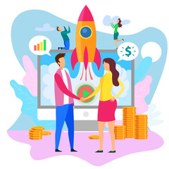 Rocket on Screen Cartoon Man Woman Shake Hands