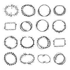 Hand drawn doodle floral frames set. black and white vector illustration