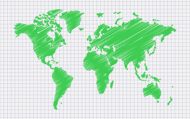 Abstract world map. Pencil drawing green silhouette on paper background.