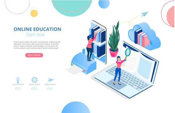 Online education. Background or homepage template with devices and people studying remotely.