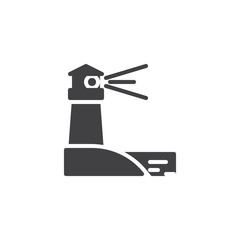 Lighting lighthouse and ocean water vector icon. filled flat sign for mobile concept and web design. Lighthouse, Beacon and sea glyph icon. Symbol, logo illustration. Pixel perfect vector graphics